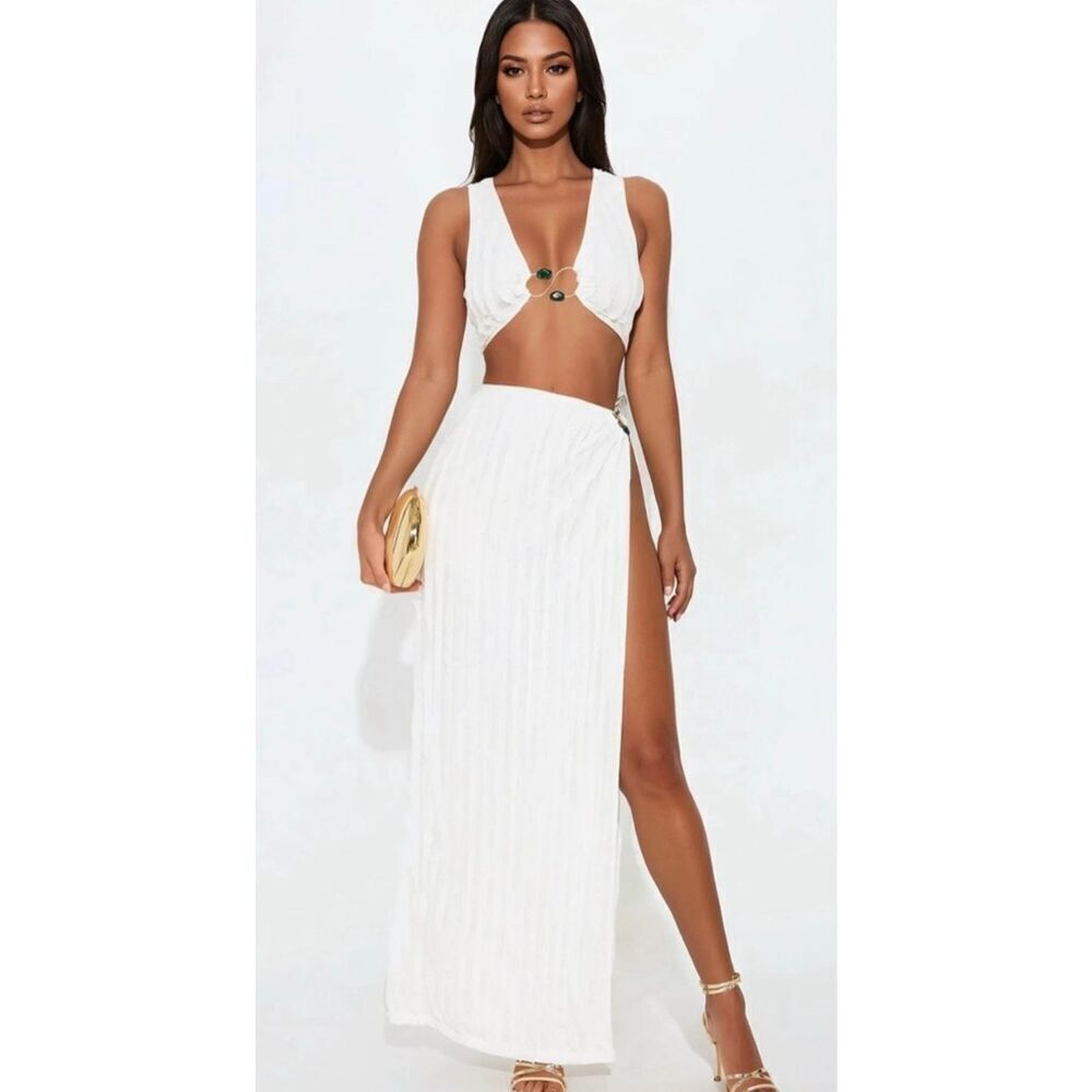 Fashion Nova White Two-Piece Maxi Skirt & Cutout Top Set